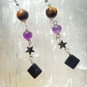Purple and Black Bead Dangle Earrings - Women's Jewelry